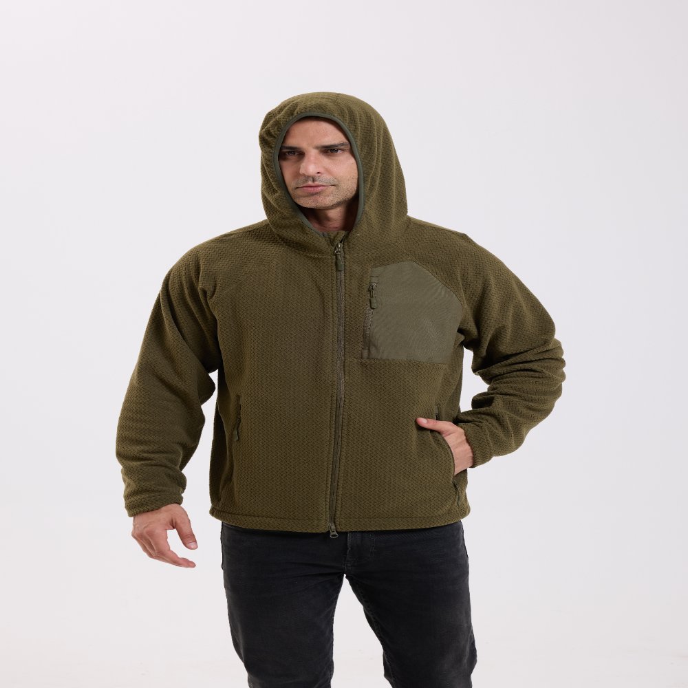 Fleece Jacket New-generation hooded fleece jacket with wave-pattern texture.